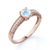 Pave Setting 1.50 Carat European Round Rainbow Moonstone and Diamond Milgrain Engagement Ring in White Gold