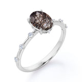 Sharp Four Claws 1.10 Carat Oval Cut Natural Black Rutilated Quartz And Diamond Seven Stone Engagement Ring In White Gold
