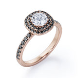 Cushion Double Halo - 1.5 TCW Round Cut Moissanite with Lab Created Black Diamond - Engagement Ring with Pave Accents in White Gold