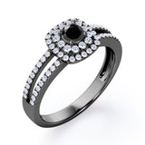 Split Shank 1.55 Carat Round Cut Black Diamond Double Halo  Engagement Ring In Black Gold