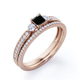 1.65 Carat Princess Cut Lab Grown Black Diamond Three Stone Vintage Wedding Ring In White Gold
