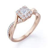 1.25 Carat Princess Cut Moissanite and diamond - Half Crossover Pave - Halo Engagement Ring in White Gold