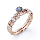 Classic 0.60 Carat Round Cut Natural Salt And Pepper Diamond Art Deco Wedding Ring Set In White Gold.