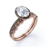 1.65 TCW Oval Cut Moissanite with Lab Created Black Diamond - Milgrain Filigree - Scalloped Pave Bridal Ring Set in White Gold