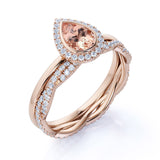 Classic Pave 1.75 Carat Pear Shape Morganite and Diamond Halo Bridal Set with Infinity Band in White Gold