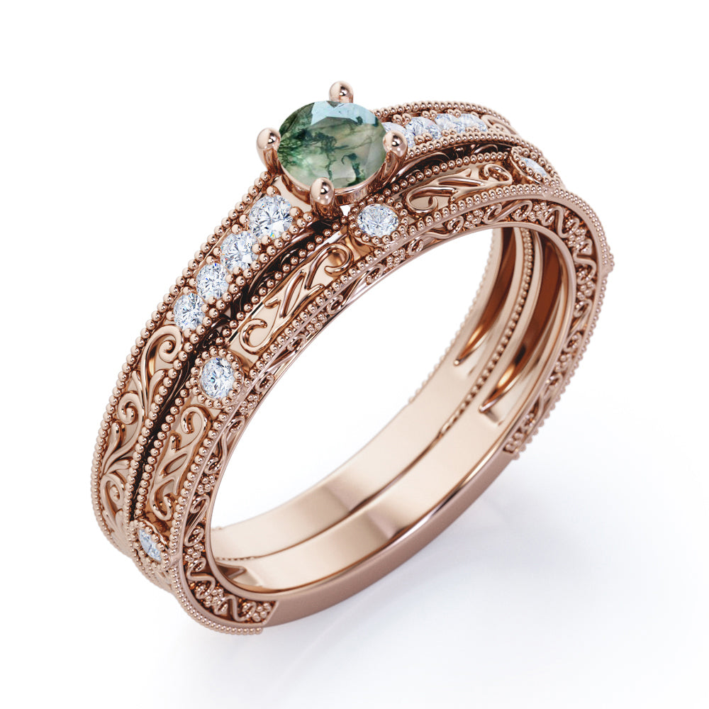 Vintage Edwardian 0.6 Ct Round Moss Agate Bridal Set