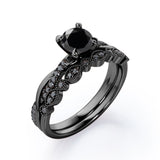 Milgrain Filigree Decorated 1.6 TCW Round Shaped Lab Created Black Diamond Twisted Pave Wedding Set in White Gold