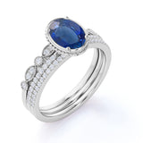 Antique Design 2.25 Carat Oval Cut Sapphire and Diamond Bezel Set Trio Wedding Set with Art Deco Band in White Gold