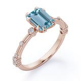 Sharp Eight Claws 1.10 Carat Emerald Cut Aquamarine And Diamond Beaded Engagement Ring In White Gold