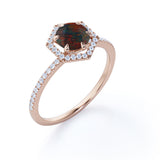 Antique Hexagon Design 1.50 Carat Round Cut Real Dark Red Black Opal and Diamond Halo Engagement Ring in White Gold for Women