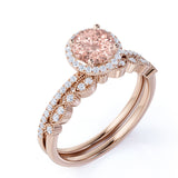 Vintage Antique Design Milgrain 1.75 carat Round Morganite and Diamond Halo Bridal Wedding Ring Set in Rose Gold for Women