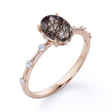 Sharp Four Claws 1.10 Carat Oval Cut Natural Black Rutilated Quartz And Diamond Seven Stone Engagement Ring In White Gold