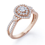 Pear-Shaped Double Halo - 1.7 Carat Round Cut Moissanite and diamond - Pave Split Shank Engagement Ring in Rose Gold