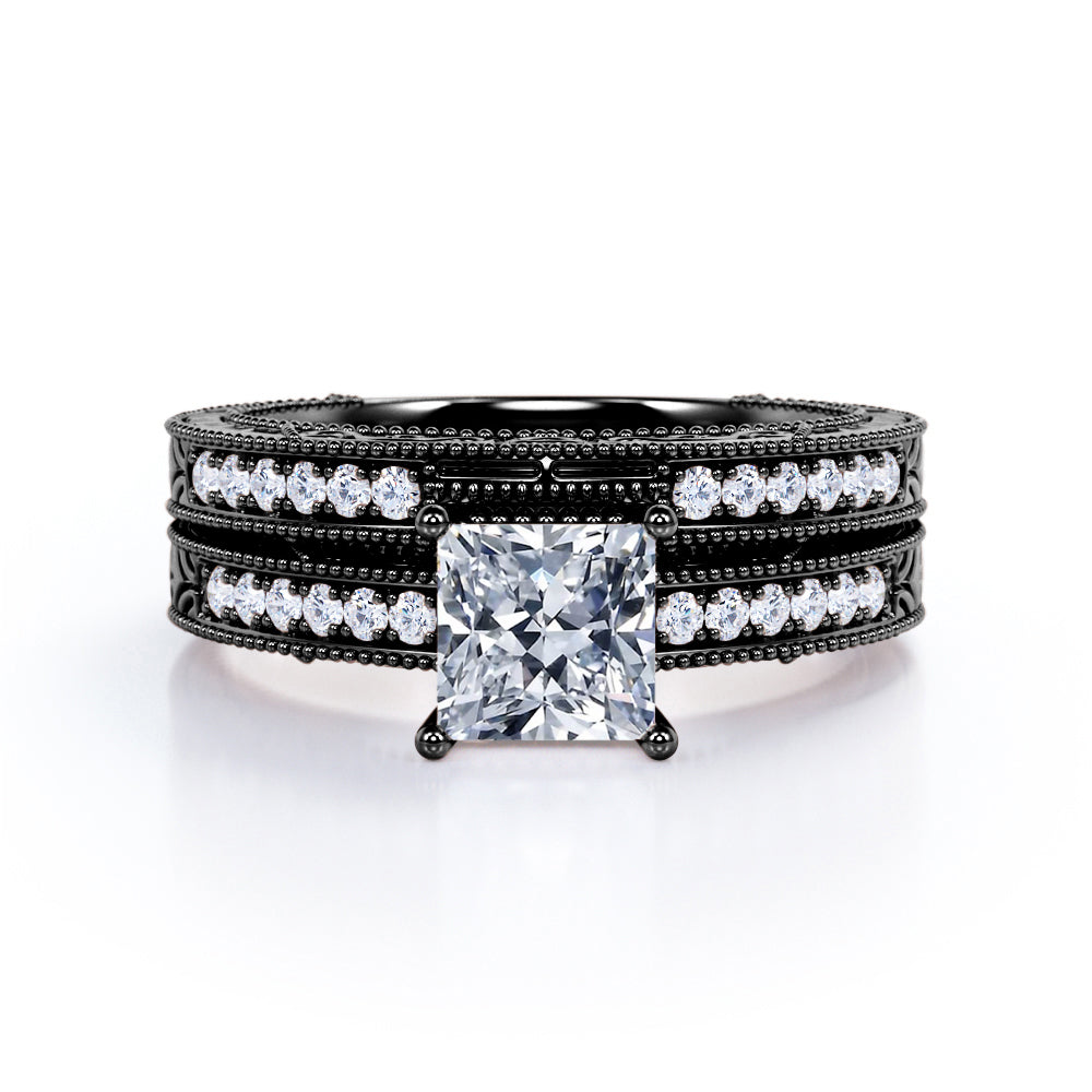 Vintage Beaded 0.65 Carat TDW Princess Cut Diamond Victorian Style Pave Bridal Set In White Gold