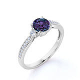 Tapered Prong Basket 1.25 Carat Round Cut Simulated Alexandrite and Diamond 3 Stone Channel Set Engagement Ring