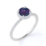 Minimalist Halo 1.50 Carat Round Cut Simulated Alexandrite and Diamond Pave Engagement Ring