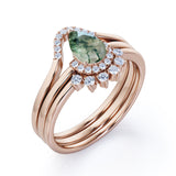 Crown Bezel Set 1 Carat Teardrop Shape Genuine Druzy Moss Green Agate and Matching Diamond Pave Band Trio Ring Sets