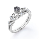 Dainty Filigree 0.65 Carat Round Cut Druzy Black Rutilated Quartz and Diamond Contour Solitaire Wedding Set Rings