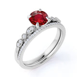 Perfect Filigree Four Claw 1.25 Carat Round cut Lab Ruby and Diamond Art Deco Bridal Ring Set in White Gold