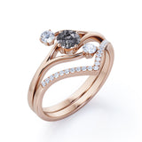 Asymmetrical Bypass 0.85 Carat Round Cut Black Rutilated Quartz and Diamond Contour Pave Bridal Set Rings