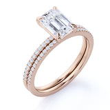 1.50 Carat emerald cut Moissanite and Diamond Halo Bridal Set in 10k Rose Gold