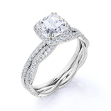 Pave 2 Carat Cushion Cut Moissanite Halo Bridal Set