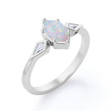 Elongated 1.10 Carat Hexagon Shaped Genuine Opal And Diamond Three Stone Trilogy Engagement Ring In Black Gold