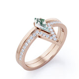 Modern 0.75 carat Kite Shaped Moss Agate and Moissanite Bridal Ring Set in White Gold
