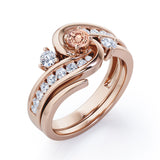 Twisted Tension - Prong 1 TCW Round Brilliant Cut Morganite and Moissanite - Flush Channel Wedding Set in White Gold