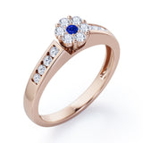 Clustered 1 carat Round Petite Blue Sapphire and Moissanites Channel Engagement Ring in White Gold