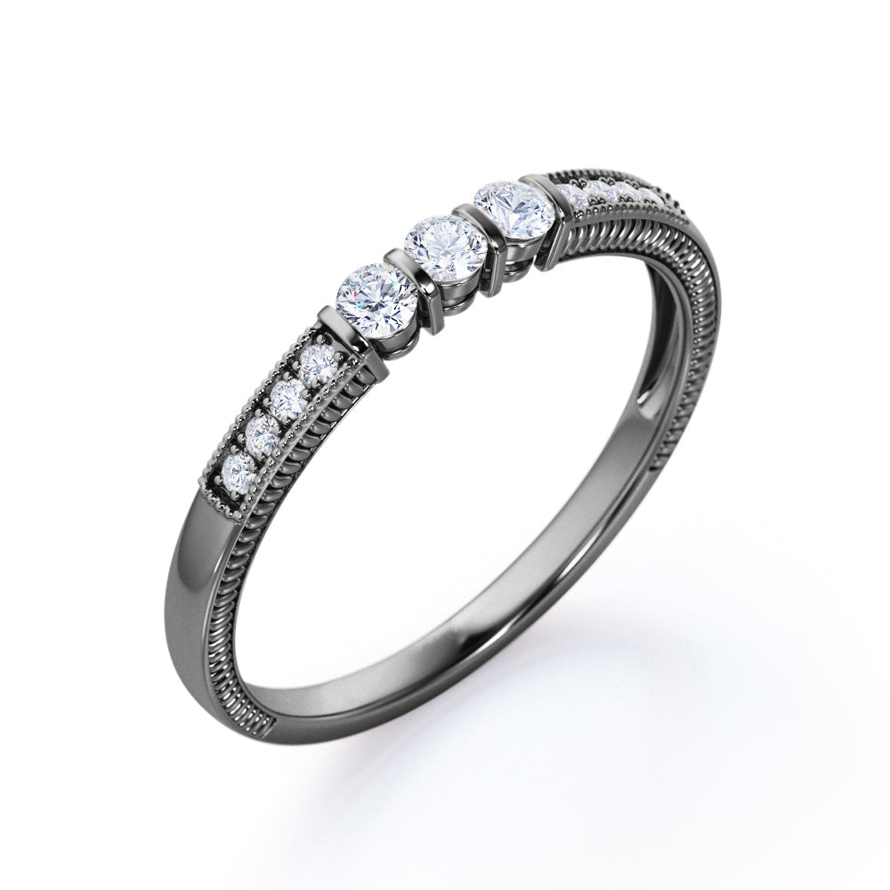 Artistic 1 Carat 3 Brilliant Round Cut Moissanite Bar Setting Engagement Ring in White Gold