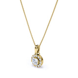 Six Prong Bezel Set 1.10 Carat Round Certified Moissanite and Diamond Halo Pave Pendant Necklace with Chain in Rose Gold