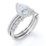 Pave 2 Carat Pear Cut Moissanite Halo Trio Set
