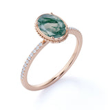 Classic Bezel Set 1.25 Carat Oval Cut Milky Finely Veined Moss Green Agate and Diamond Pave Engagement Ring in White Gold for Women