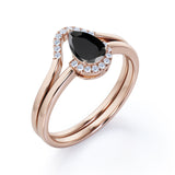 Unique 1.25 Carat Teardrop Shape Lab Black Diamond Bridal Set with contour band in White Gold