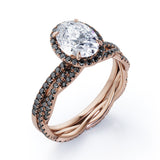 Four-Prong Halo 1.75 TCW Oval-Shaped Moissanite with Lab Created Black Diamond Pave Twisted Eternity Bridal Set in White Gold
