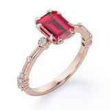 Sharp Eight Claws 1.10 Carat Emerald Cut Ruby And Diamond Beaded Engagement Ring In White Gold