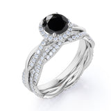 1.75 Carat Round cut Lab Black Diamond Bridal Set with semi eternity wedding band in White Gold