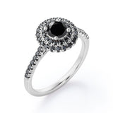 Double Halo Cluster - 1.5 TCW Round Shape Lab Created Black Diamond - Pave Accented Engagement Ring in White Gold