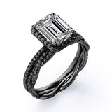 Crossover with Pave Accents - 1.75 TCW Emerald Cut Moissanite with Lab Created Black Diamond - Halo Bridal Ring Set in White Gold