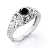 Square Framed  1.05 Carat Round Cut Black Diamond Vintage Filigree Engagement Ring In White Gold