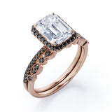 Art Deco Filigree Milgrain 1.65 TCW Emerald Cut Moissanite with Lab Created Black Diamond Halo-Style Wedding Set in Rose Gold