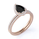 Antique Vintage 1.75 Carat Pear cut Lab Black Diamond Halo Wedding Ring Set for Women in White Gold