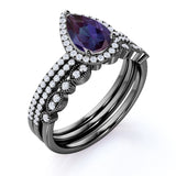 Pave Art Deco 2 Carat Lab Created Alexandrite and Diamond Halo Vintage Trio Bridal Set Rings