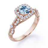 Antique Milgrain 1.35 Carat Round Cut Aquamarine And Diamond Halo Engagement Ring In White Gold