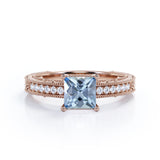 1.2 Carat Princess Cut Aquamarine And Diamond Antique Engagement Ring In White Gold
