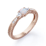 Delicate Four Prong 1.25 Carat Round Cut Fire Opal And Diamond Vintage Filigree Engagement Ring In Rose Gold