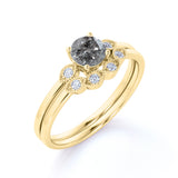 Minimalist 3 Stone 0.75 Carat Round Cut Icy Dark Grey Salt and Pepper Diamond and Curved Art Deco Band Wedding Ring Sets