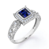 Designer Beaded 1.35 Carat Princess Cut Sapphire And Diamond Halo Engagement Ring In Rose Gold