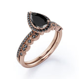 Art-Deco Milgrain Filigree 1.65 TCW Teardrop Lab Created Black Diamond Pave Wedding Ring Set in White Gold